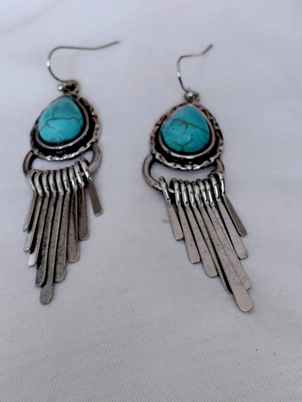 Turquoise Teardrop Fringe Earrings with Silver Tassels